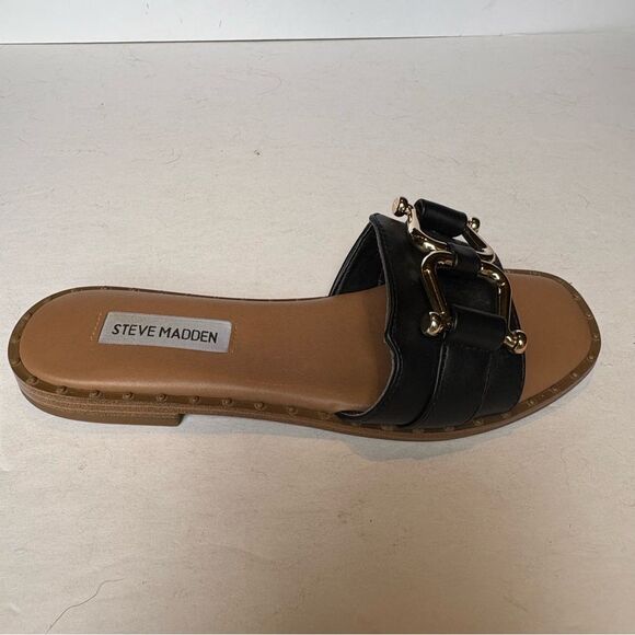 Steve Madden Women's Black Slide Sandals with Gold Buckle Size 6.5 Alita - Picture 4 of 7